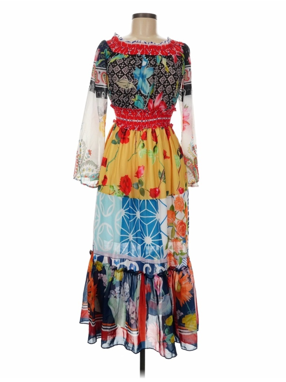BURRYCO Handkerchief Patchwork Tiered Off Shoulder Flared Sleeve Dress Size 6